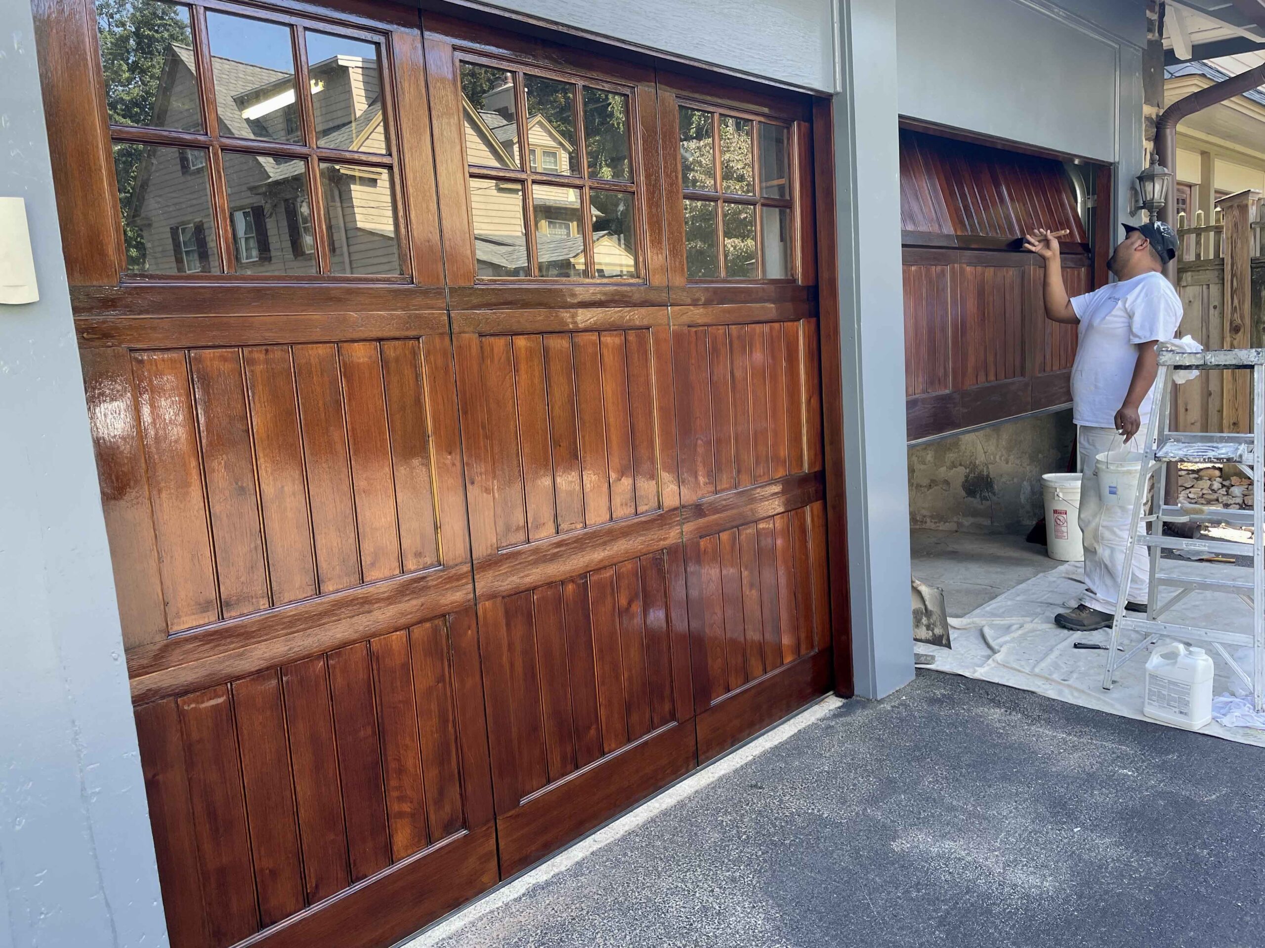 Wood garage doors after they've been stained.